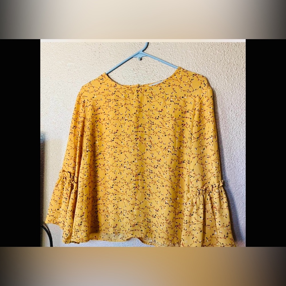 Sweet Rain Womens Top Mustard Yellow‎ Floral Print Blouse Bell 3/4 Sleeve, M